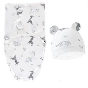 Baby Swaddle Blanket & Hat Set With Animal Print Soft Cotton Adjustable Wrap New